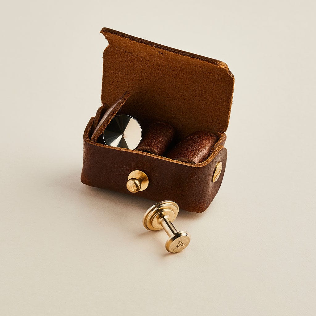 Brown leather cufflink pouch with bronze 'Francis' Man & Bear cufflinks