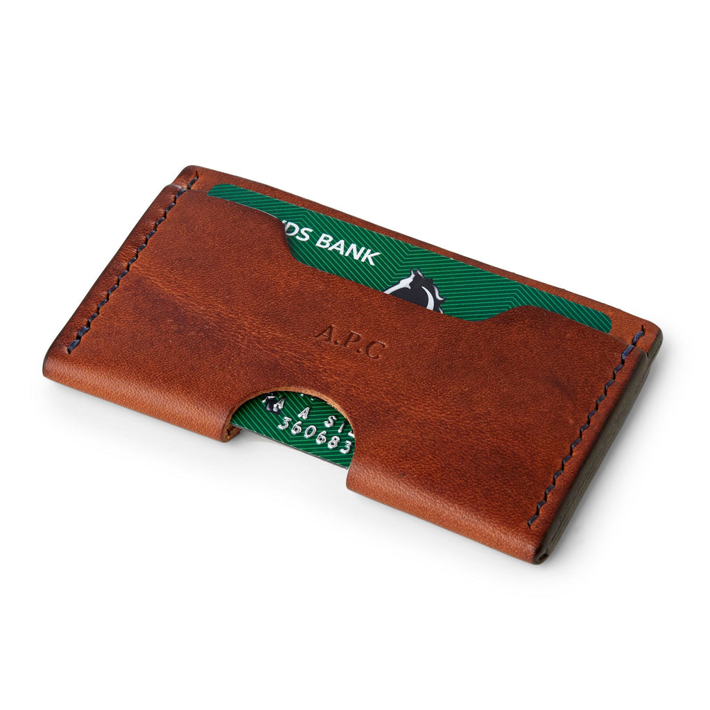 Brown leather men's card holder with personalised initials by Man & Bear - cut out