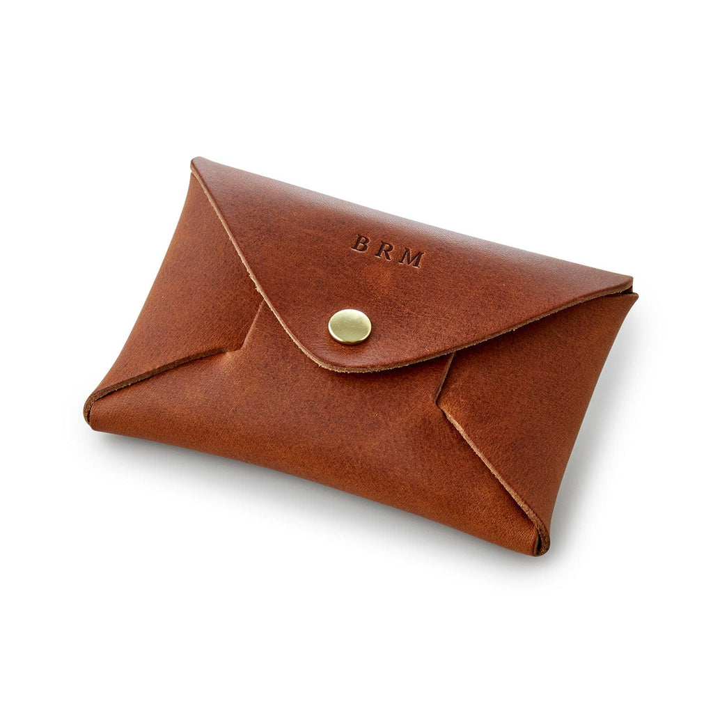 Brown leather coin pouch by Man & Bear with personalised initials - cut out