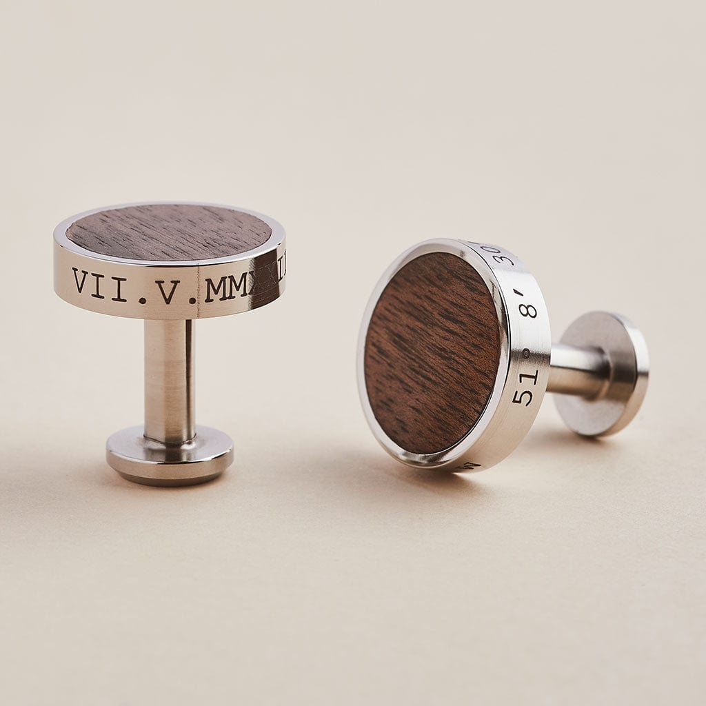 Stainless steel cufflinks engraved with personalised messages, with a dark walnut wood inlay. Made by Man & Bear.