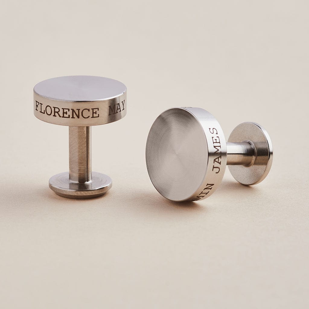 Stainless steel cufflinks engraved with personalised messages, by Man & Bear