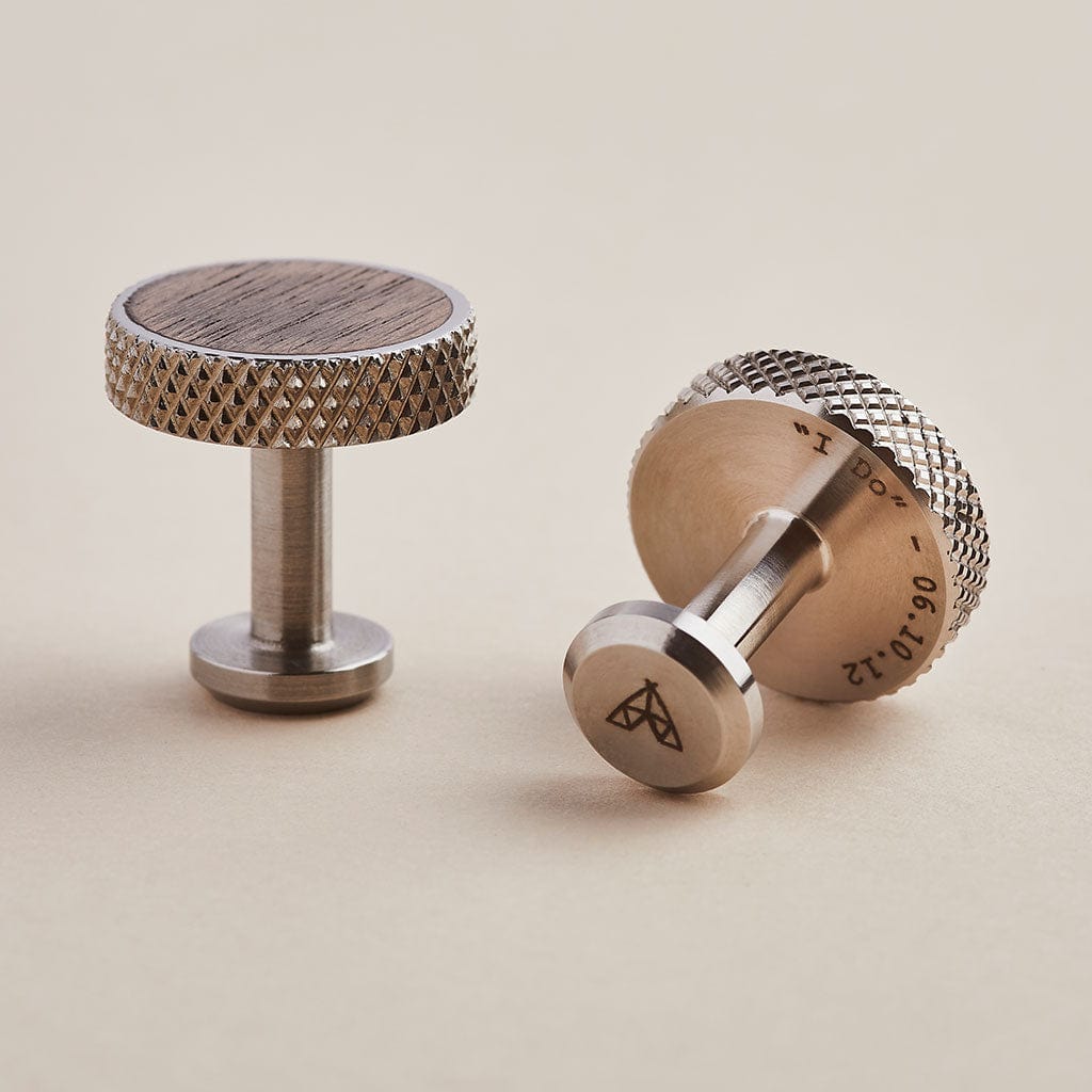 Stainless steel cufflinks with diamond knurled edge detail and dark walnut wood inlay, personalised with engraving by Man & Bear