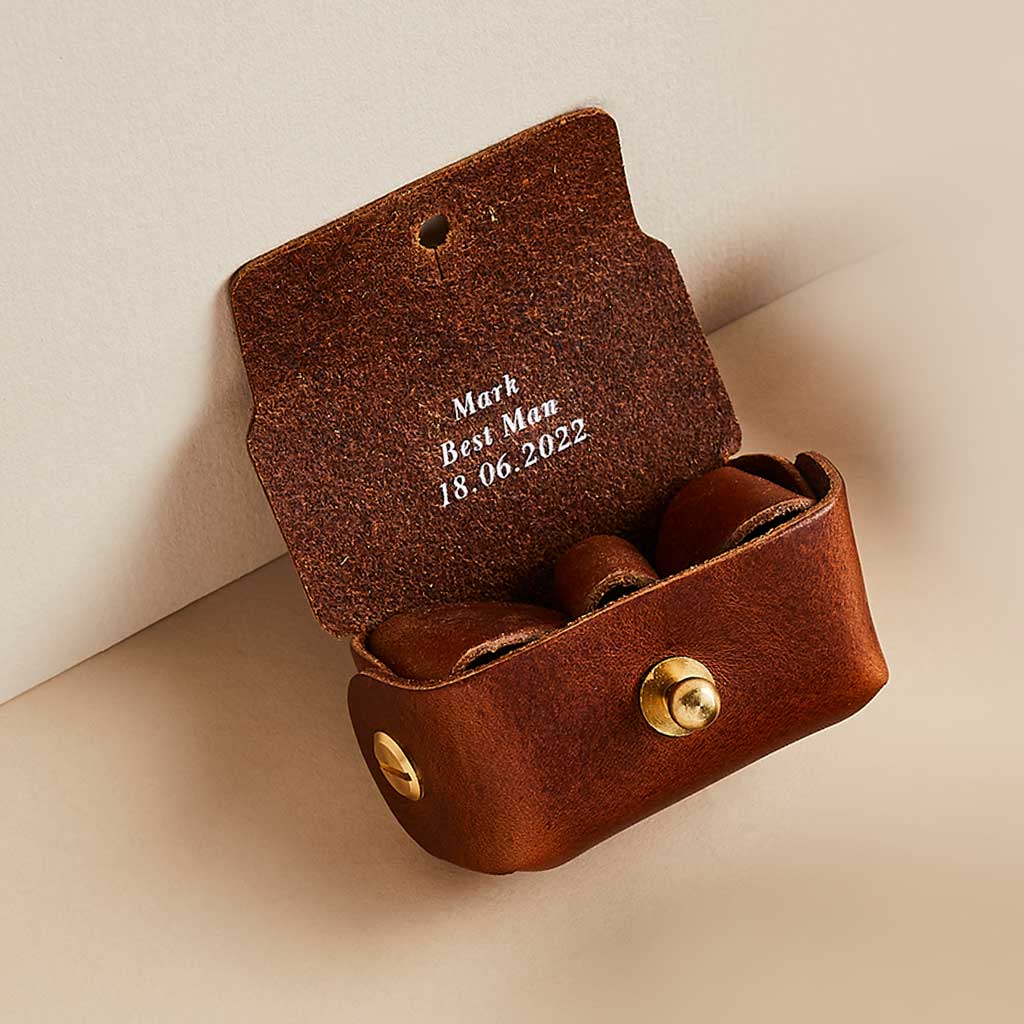 Brown leather cufflink case with personalised message inside, by Man & Bear