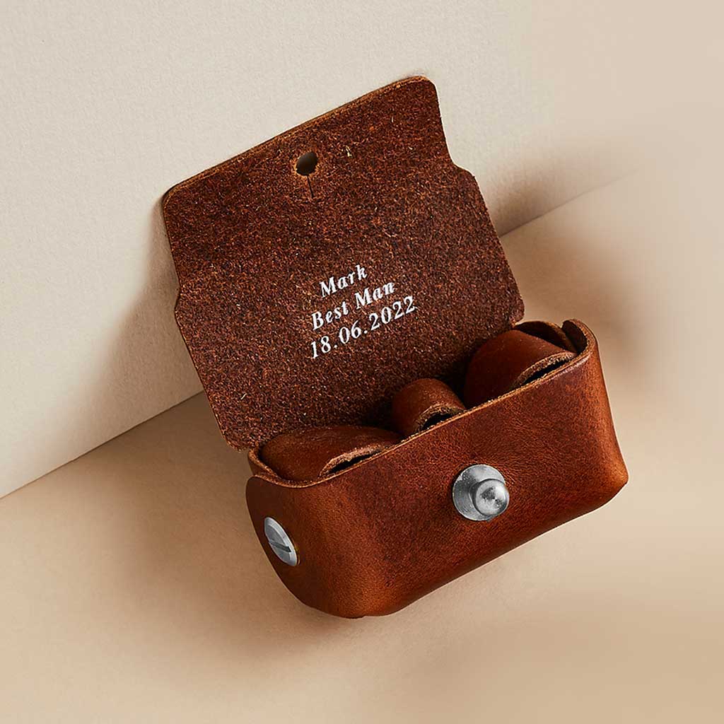 Brown leather cufflink case with personalised message, by Man & Bear