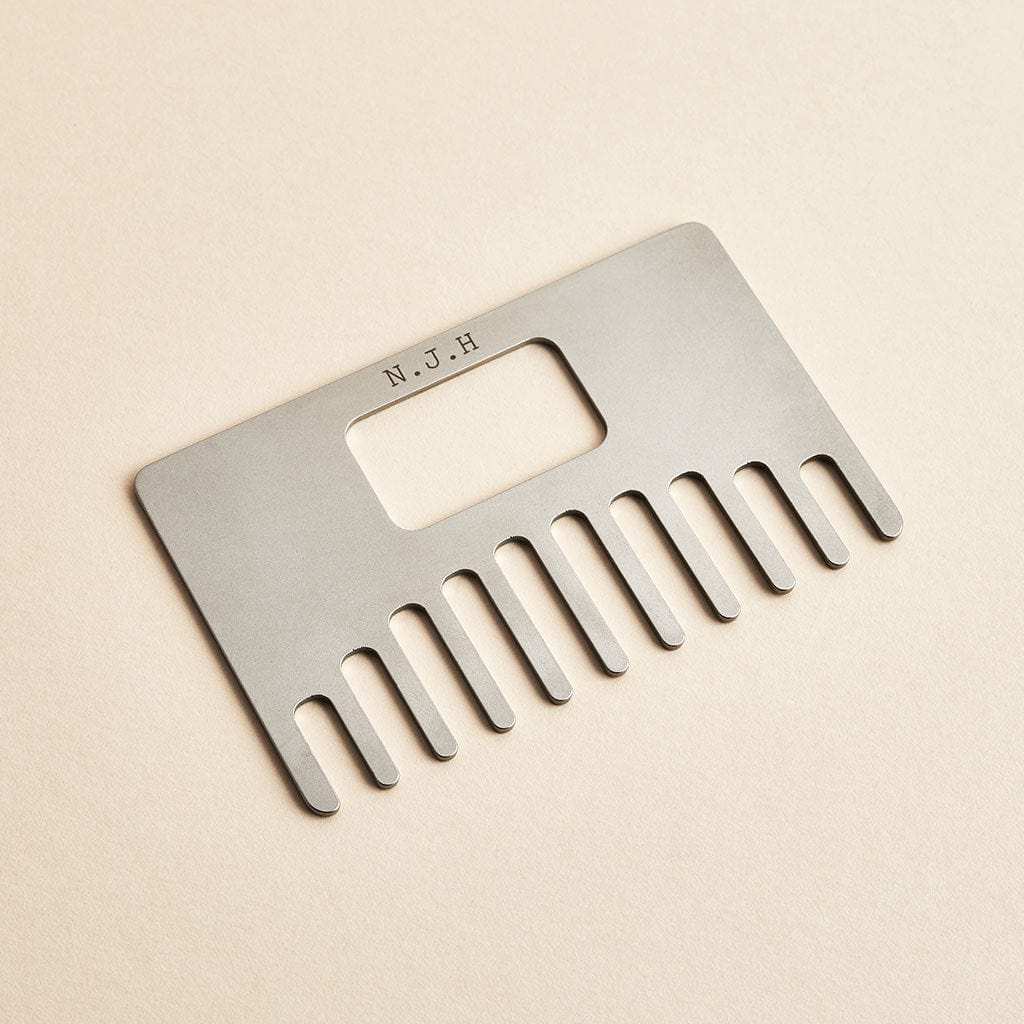 Steel beard comb with built in bottle opener and personalised initials