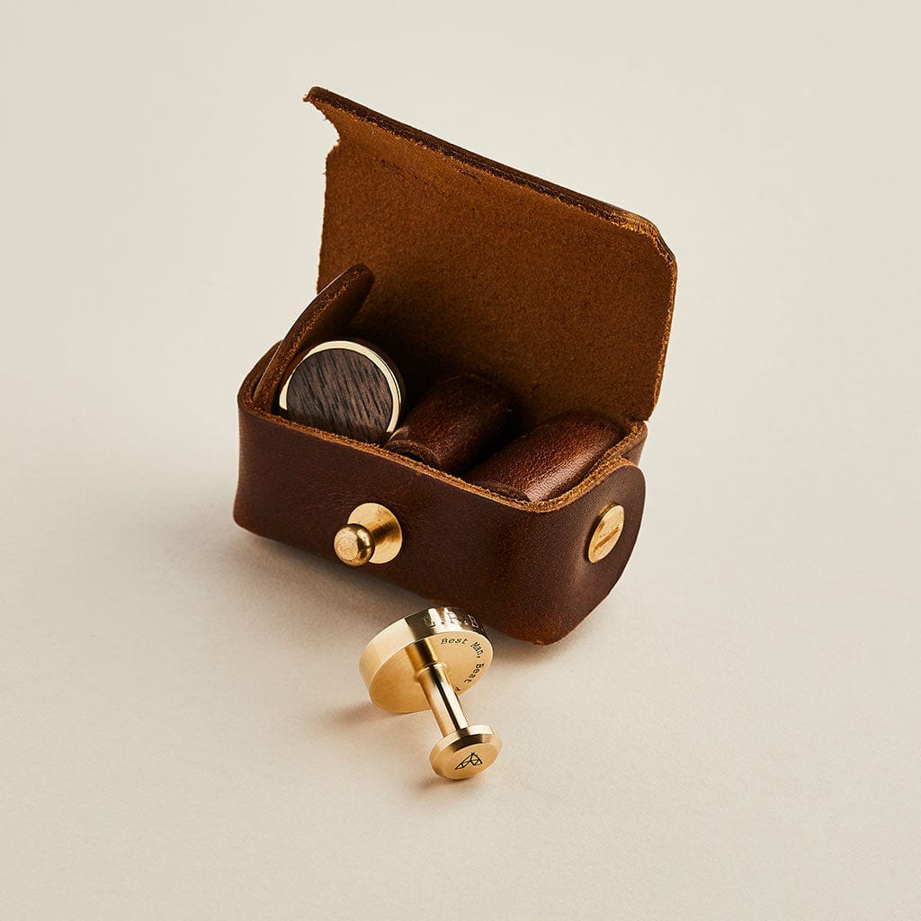 Brown leather cufflink pouch with brass and walnut Man & Bear cufflinks