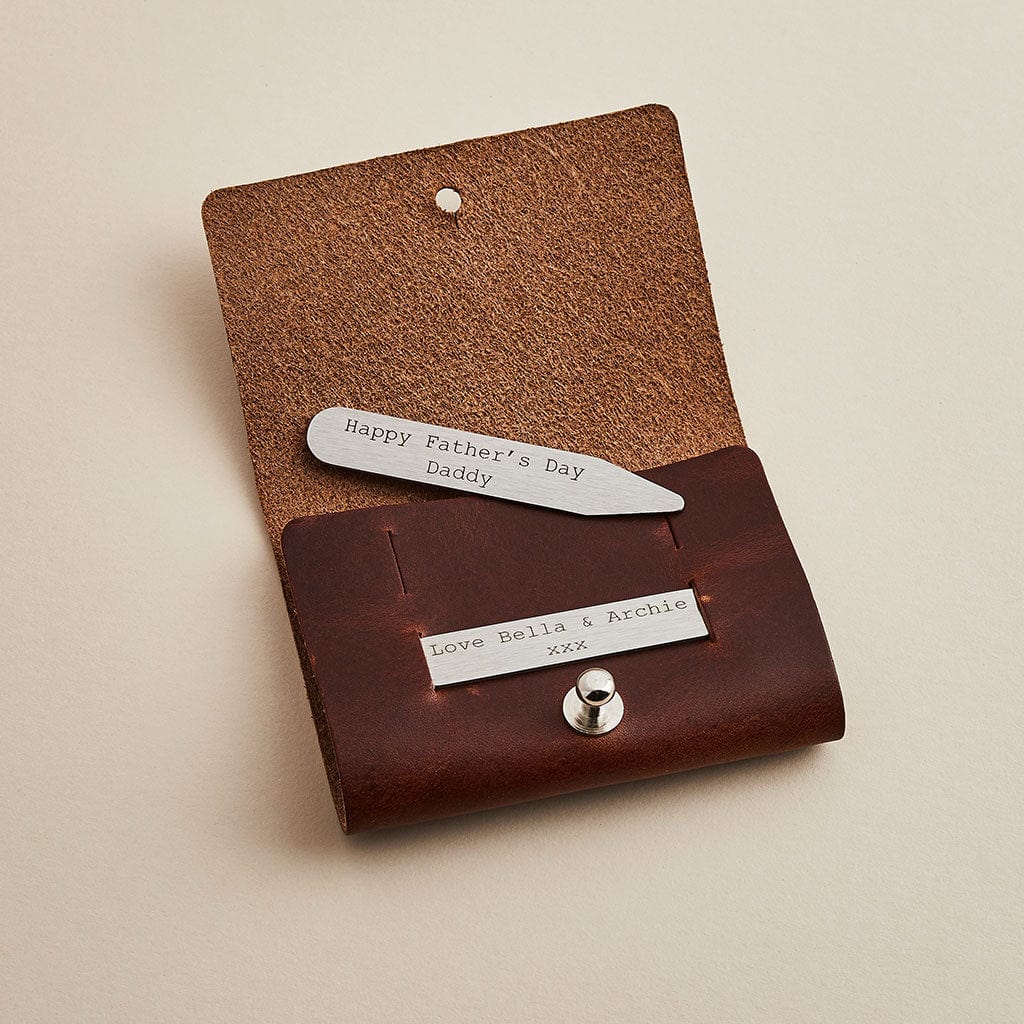 Steel collar stiffeners with a personalised Father's Day message in a brown leather case, made by Man & Bear