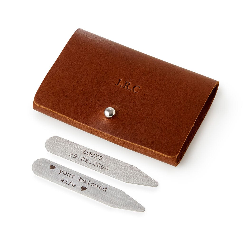 Personalised engraved collar stiffeners in a brown leather case with personalised initials, made by Man & Bear (cut out)