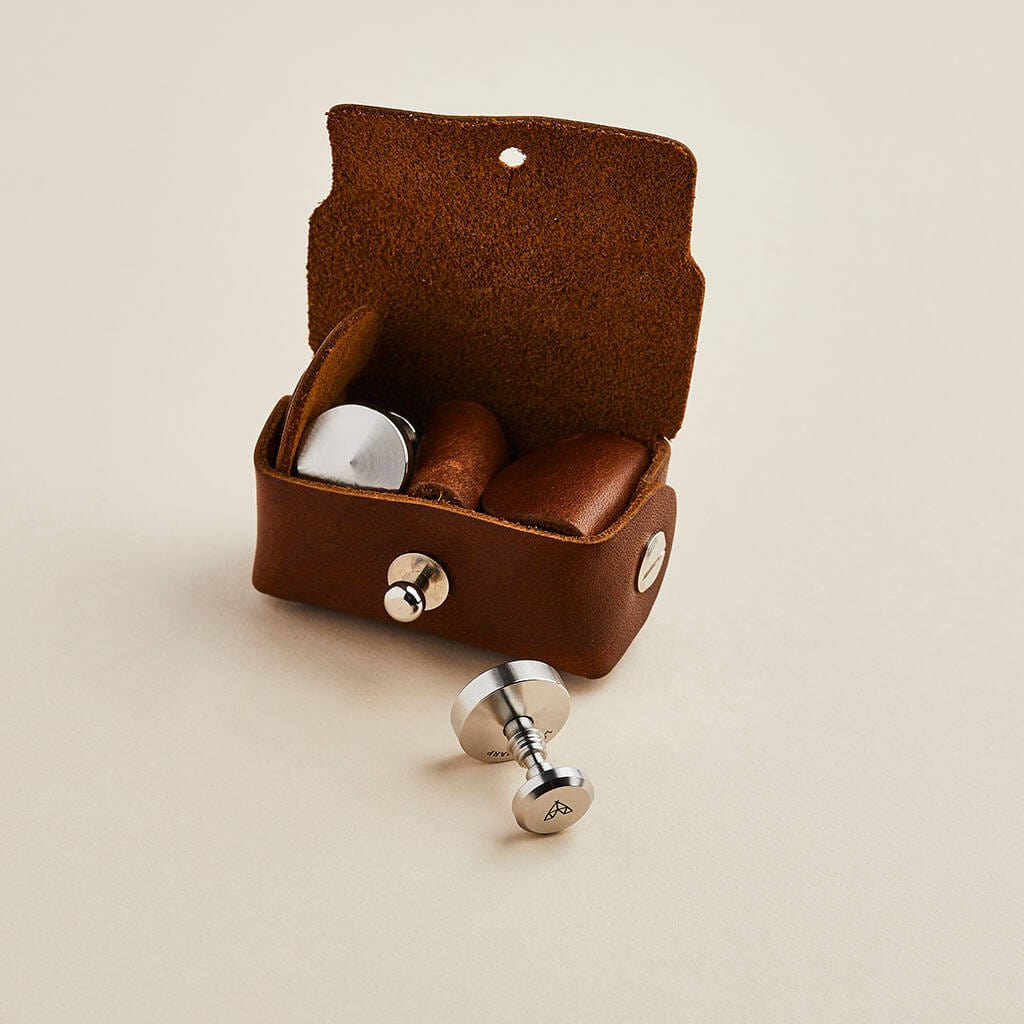 Brown leather cufflink pouch with stainless steel Man & Bear cufflinks