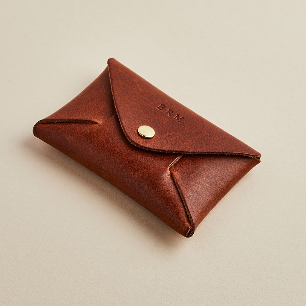 Brown leather coin pouch by Man & Bear with personalised initials
