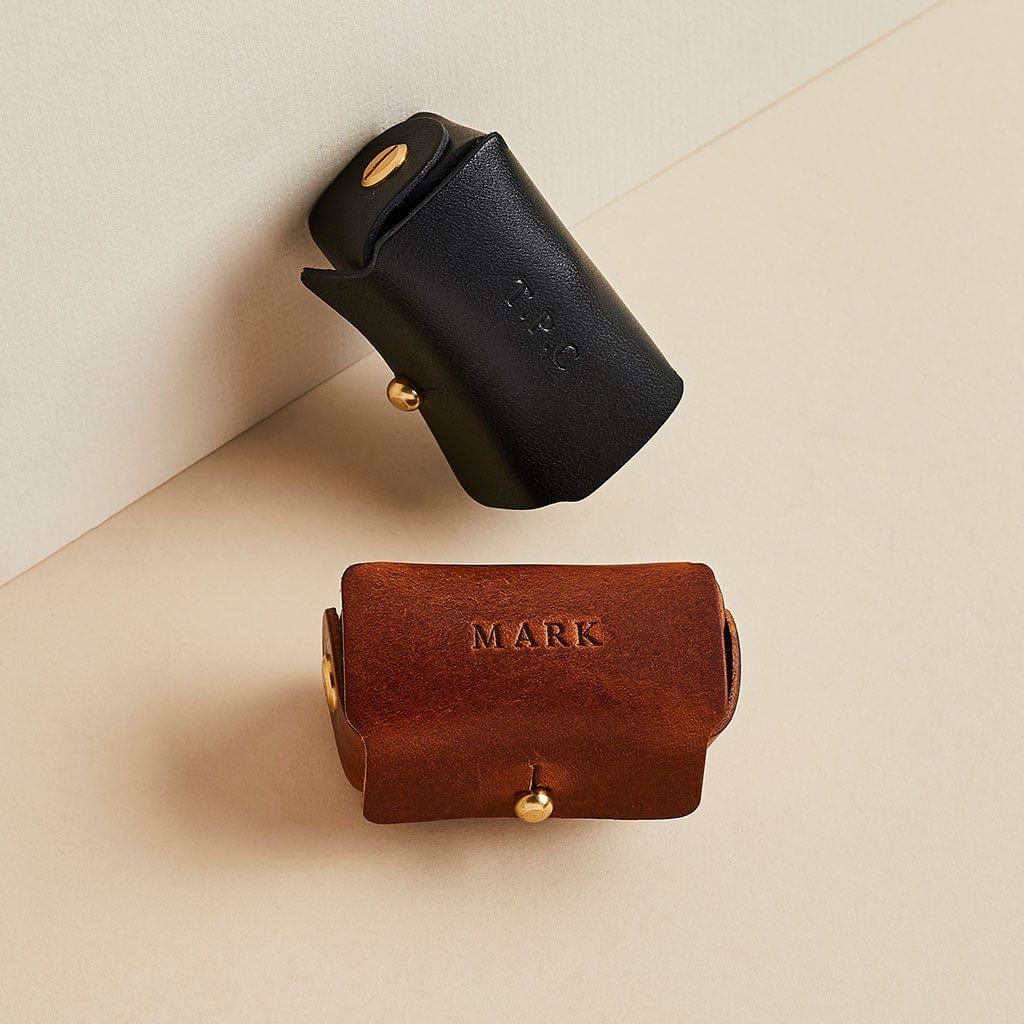 Brown and black leather cufflink pouches with personalised initials - Man & Bear
