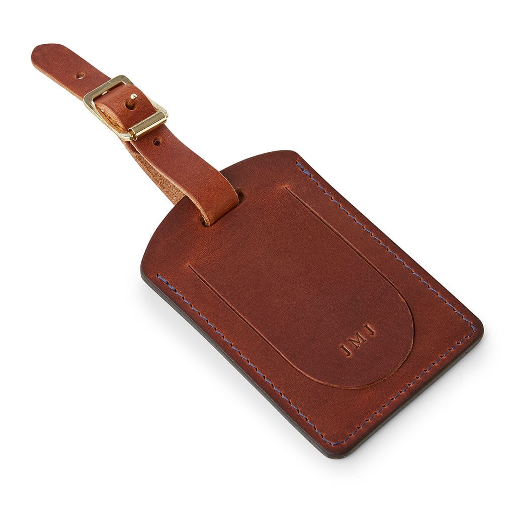 Brown leather luggage tag by Man & Bear, personalised with initials - cut out