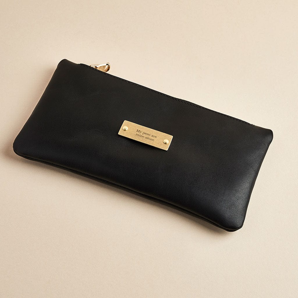 Black leather pencil case with brass zip, engraved 'my pens are mine alone' - made by Man & Bear
