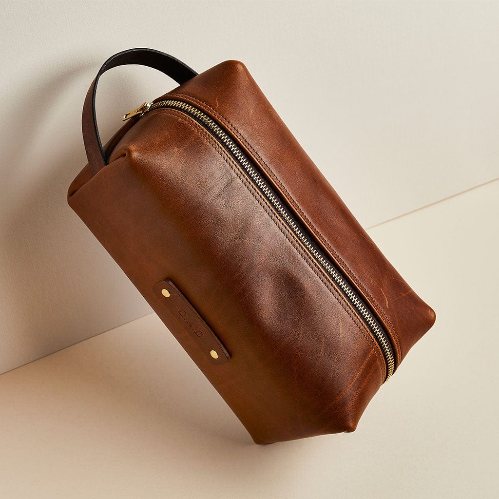 Brown leather men's wash bag with personalised initials, made by Man & Bear