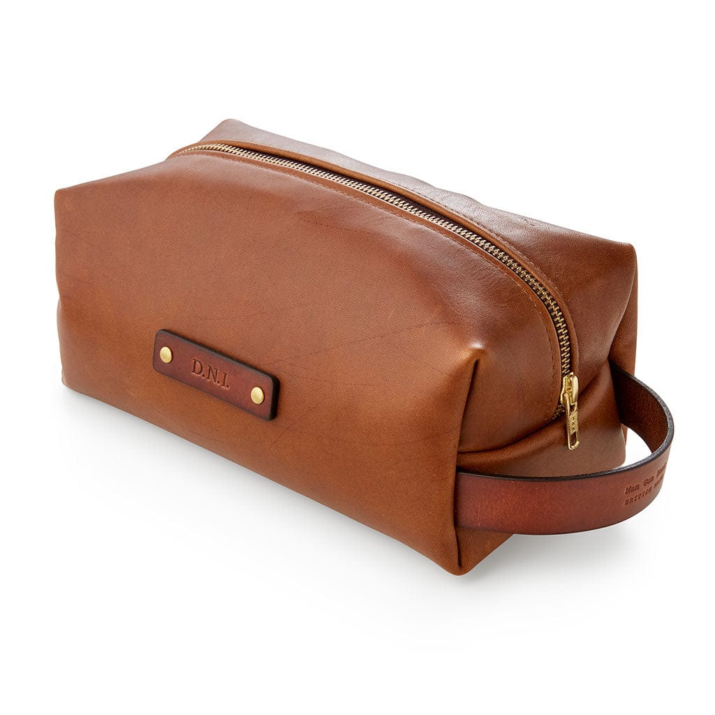 Brown leather men's wash bag with personalised initials, made by Man & Bear - cut out