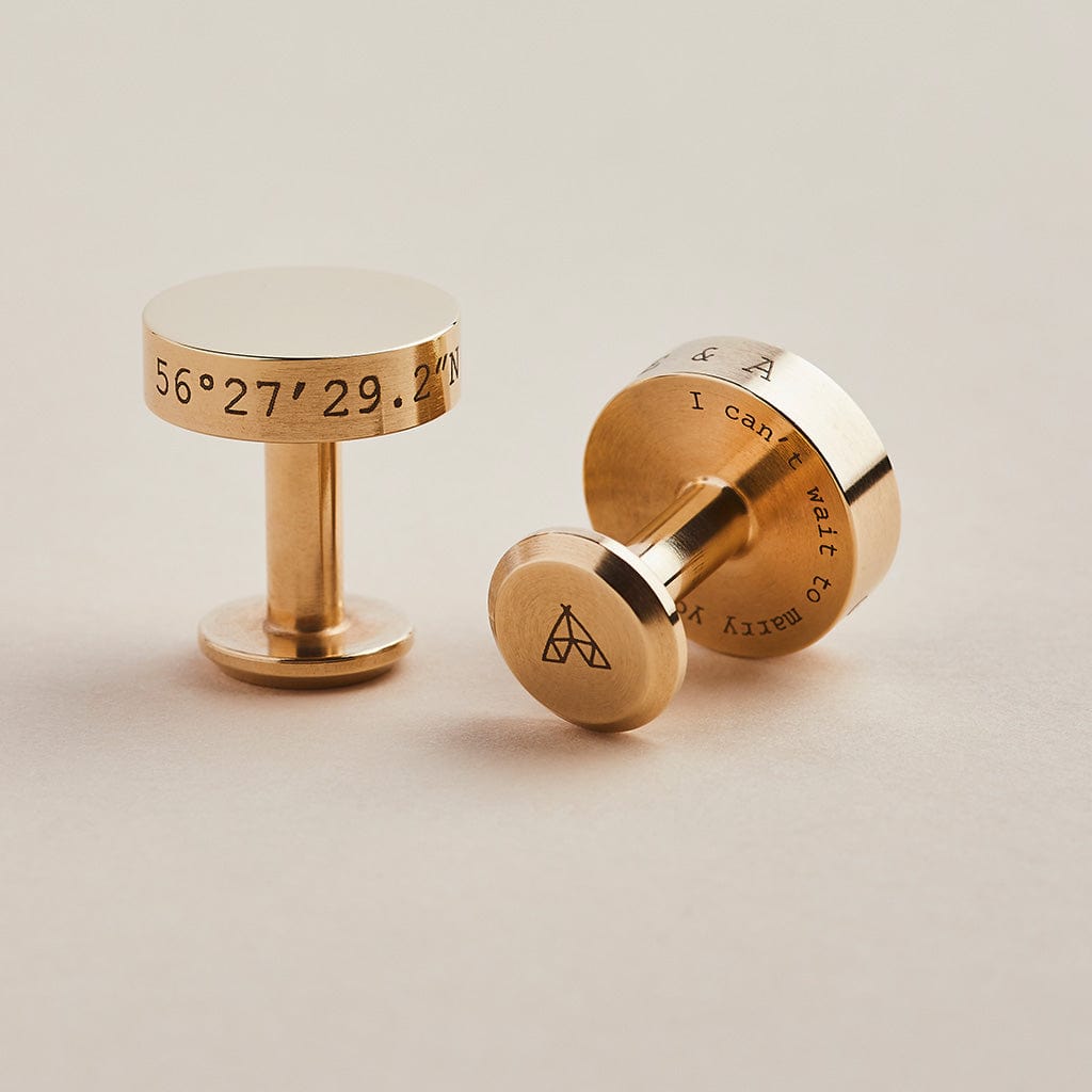 Solid brass cufflinks engraved with personalised messages, by Man & Bear