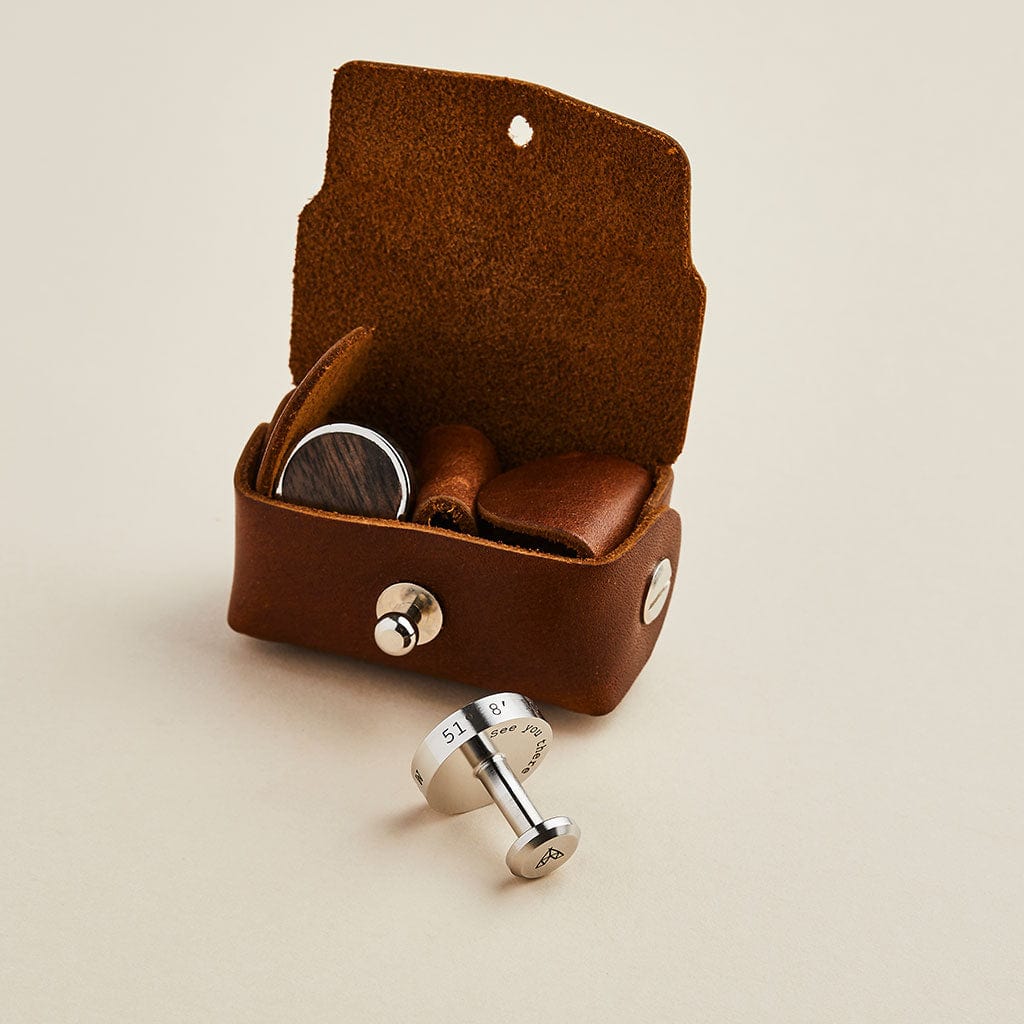 Brown leather cufflink pouch with steel and walnut Man & Bear cufflinks