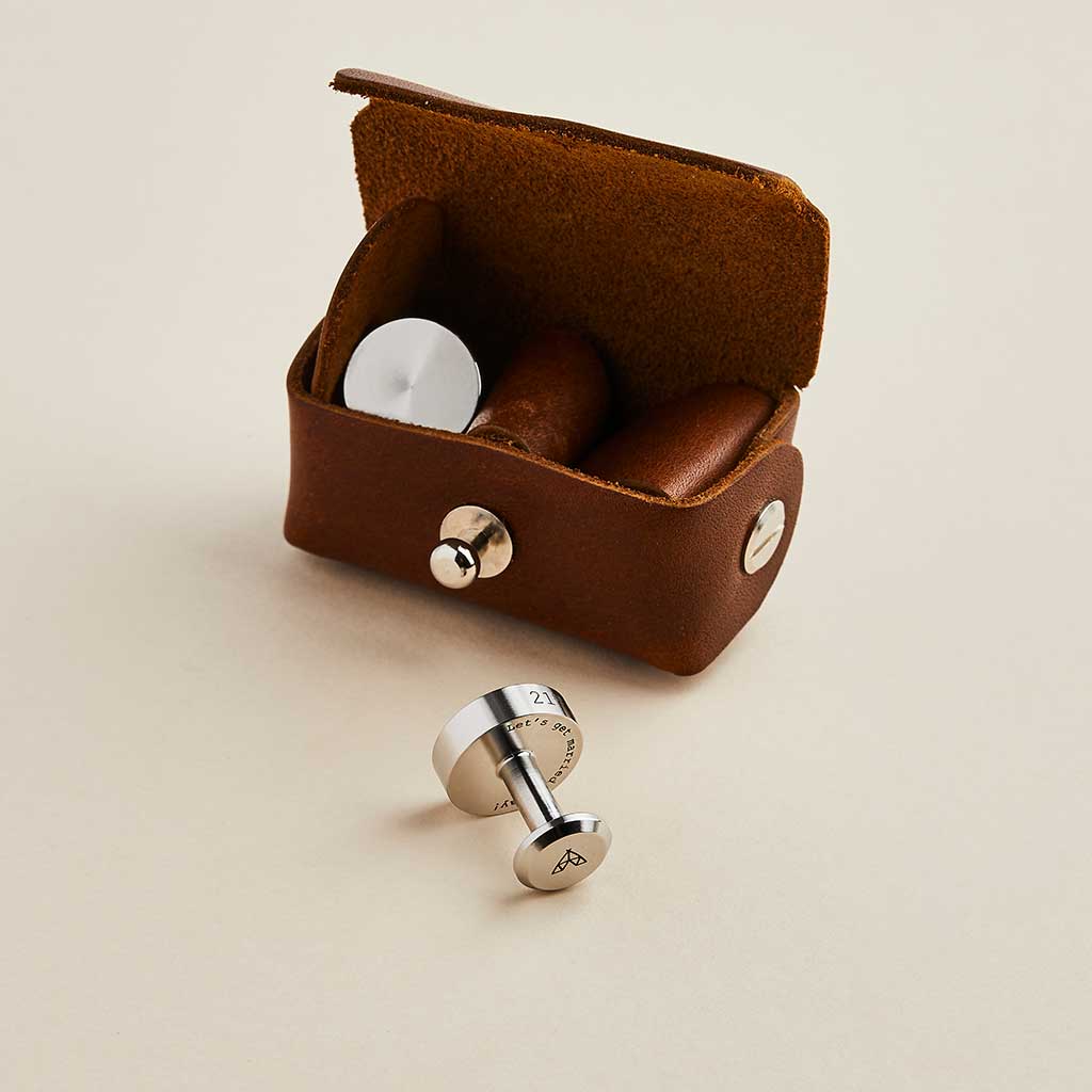 Brown leather cufflink pouch with stainless steel Man & Bear cufflinks