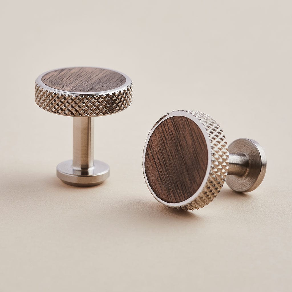 Stainless steel cufflinks with diamond knurled edge detail and dark walnut wood inlay by Man & Bear