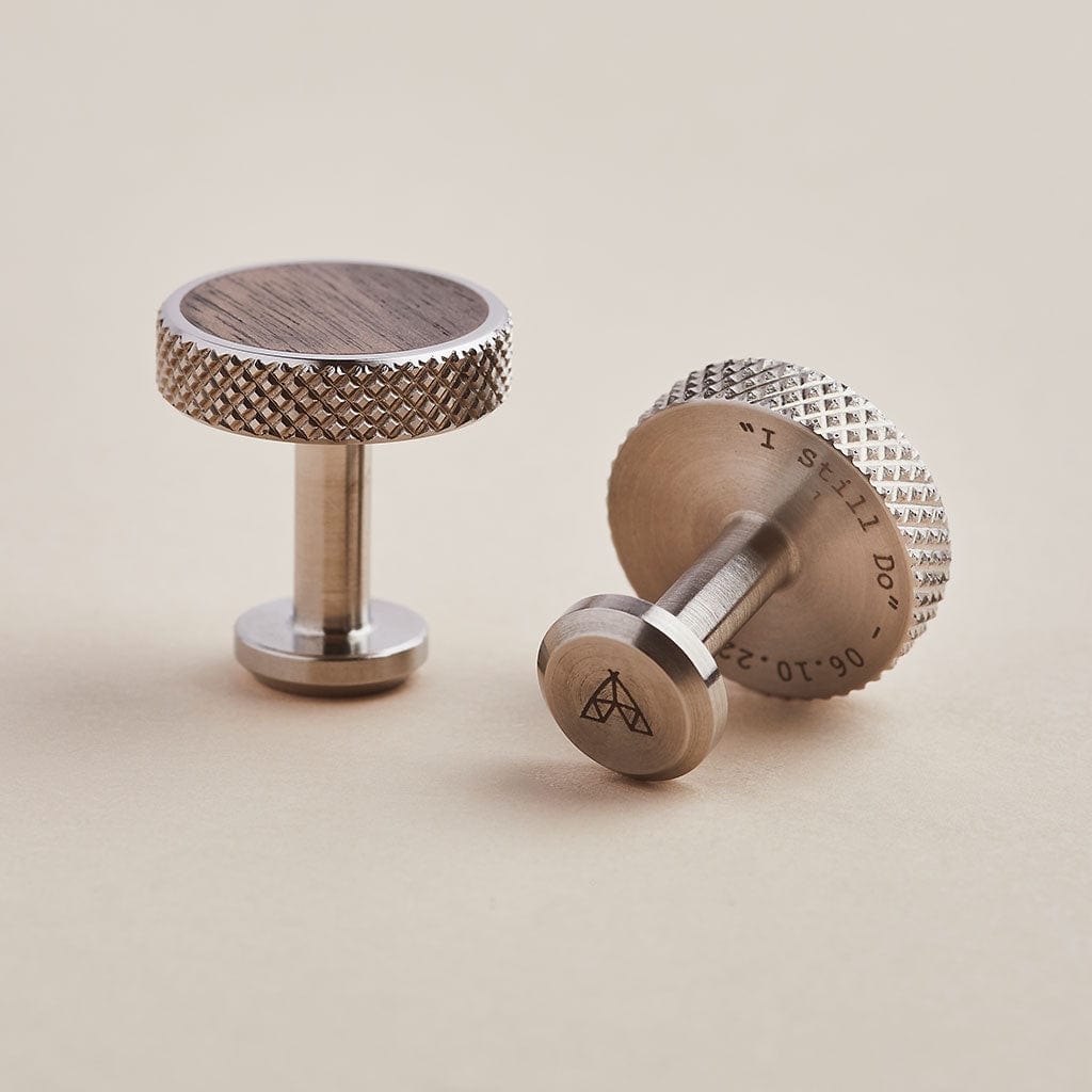 Stainless steel cufflinks with diamond knurled edge detail and dark walnut wood inlay, engraved with personalised message by Man & Bear