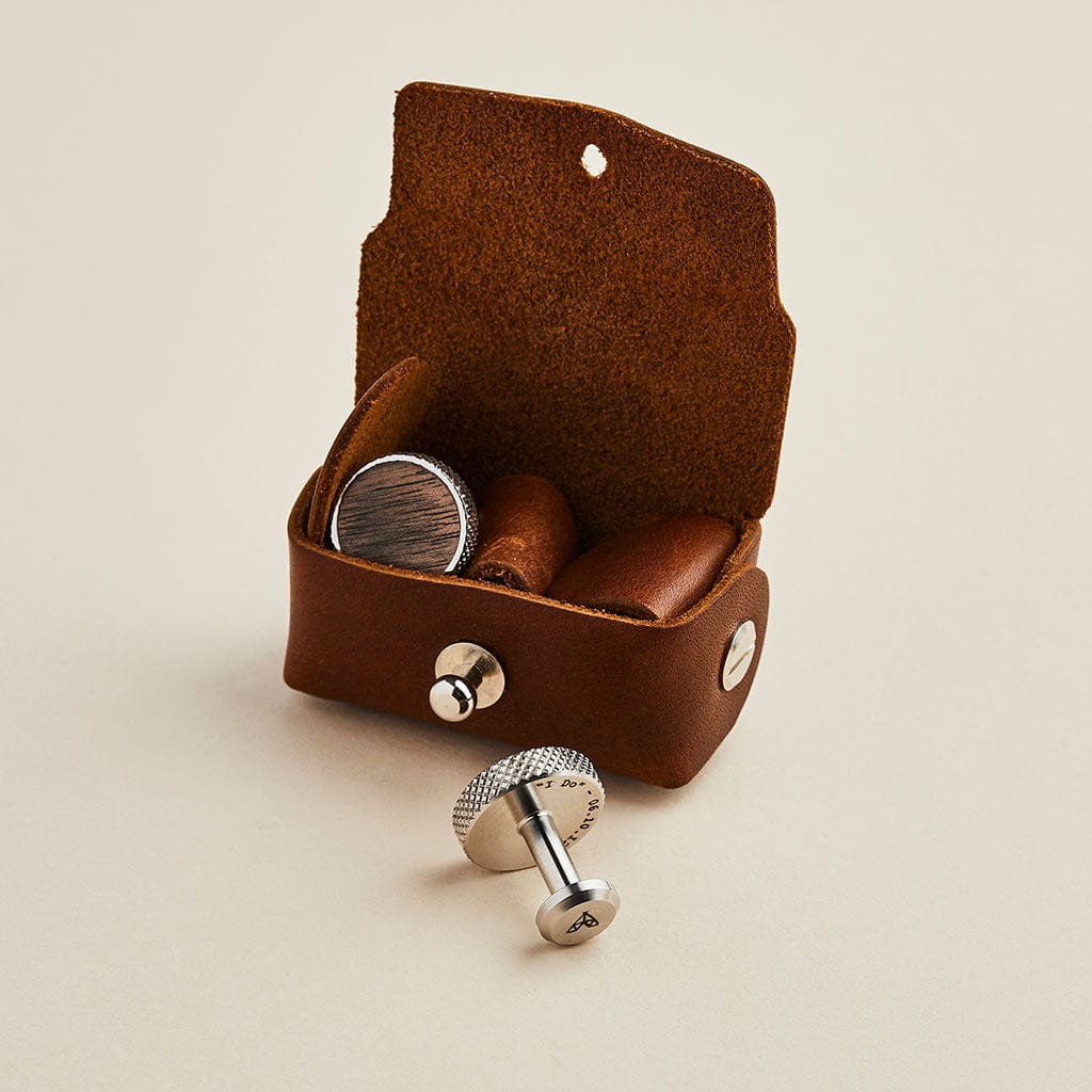 Brown leather cufflink pouch with steel and wood engraved cufflinks by Man & Bear