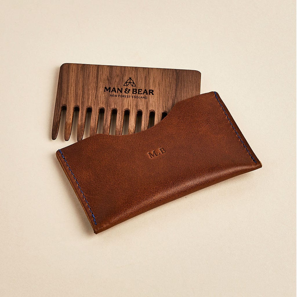 Wooden beard comb engraved with the Man & Bear logo with a personalised brown leather storage pouch